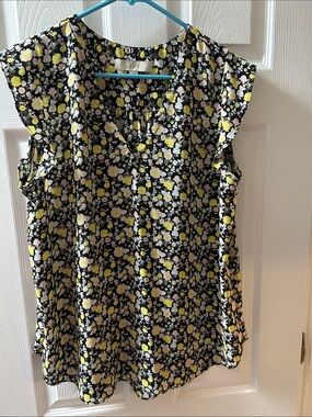 LOFT Floral V-Neck Blouse in Black and Yellow, large